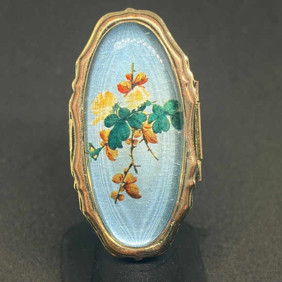 Glove Holder Clip Vintage Gold Tone Floral Hinged Compact Mirror Hong Kong MCM - Picture 2 of 6